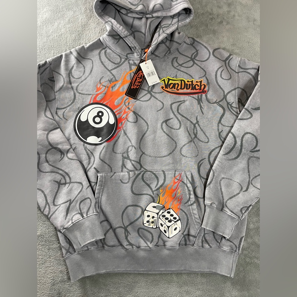 Von Dutch Hooded Sweatshirt Mens Small / Medium Logo Gray Hoodie 8 Ball Flames - Picture 2 of 15